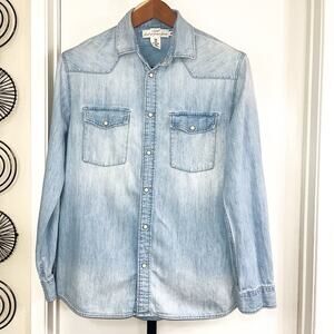 H&M LOGG Mens Denim Pearl Snap Shirt Western Minimalist Grunge - Blue, Size M